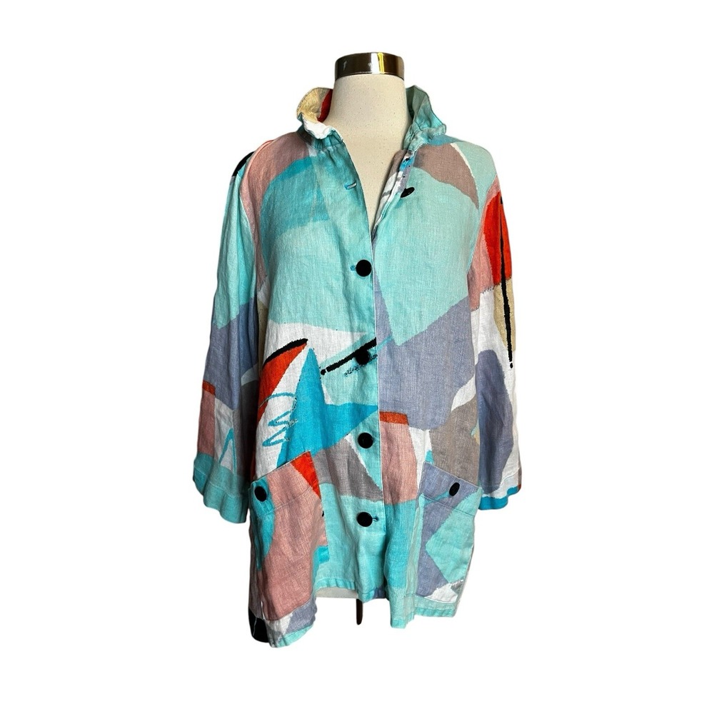 Ali Miles LINEN Linen Jacket Top Large Colorful Geometric Abstract Wired Collar